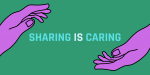 grüner Hintergrund; lila Hände umfassen den blauen Schriftzug "Sharig is Caring"
